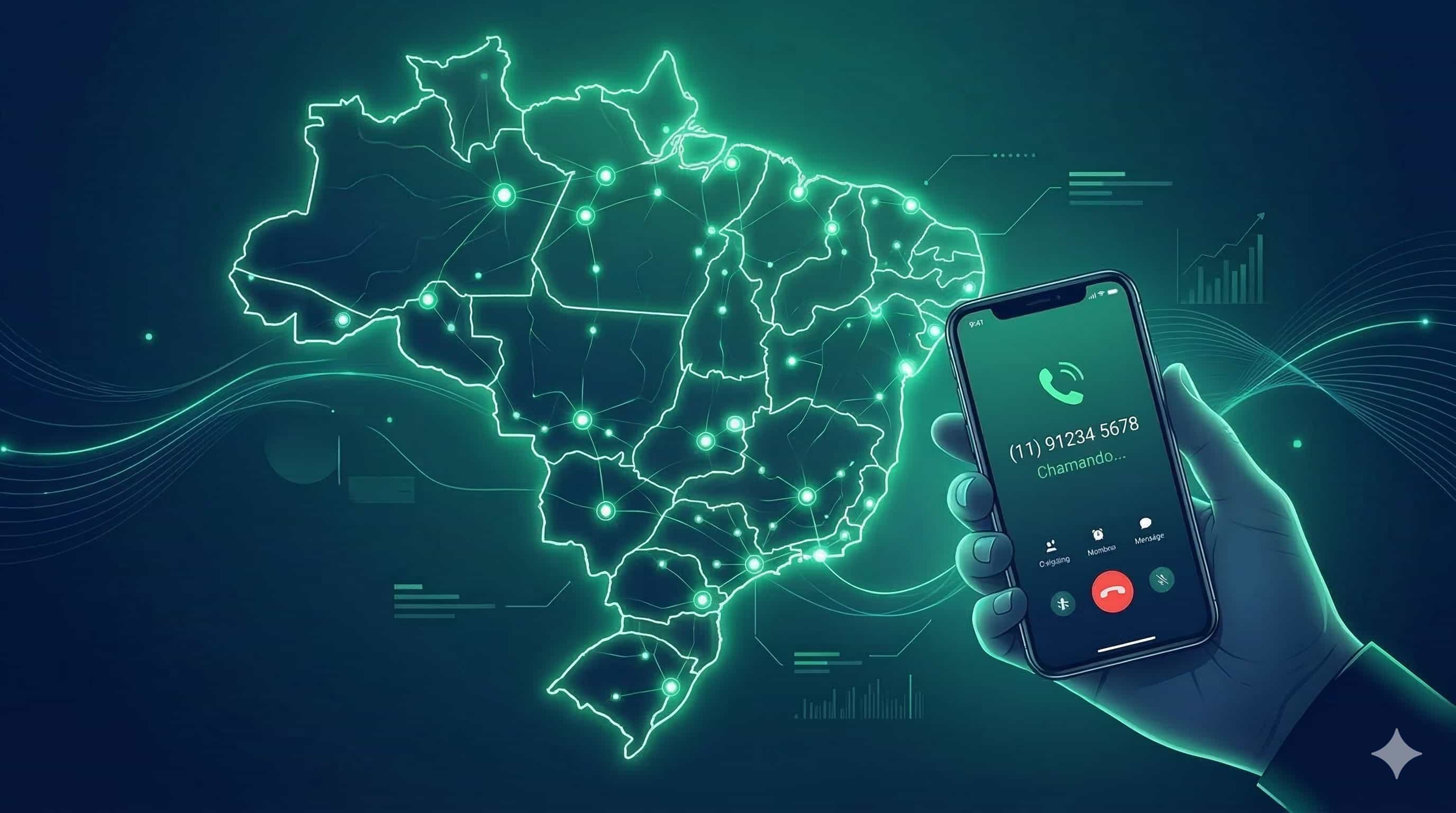 Mão segurando smartphone mostrando uma chamada local sendo realizada entre cidades vizinhas do mesmo DDD, com o mapa do Brasil ao fundo