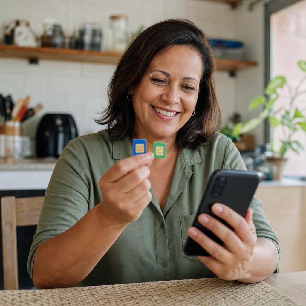 Pessoa sorridente segurando dois chips de celular, um da TIM e um da Vivo, comparando as opções com o celular na mão