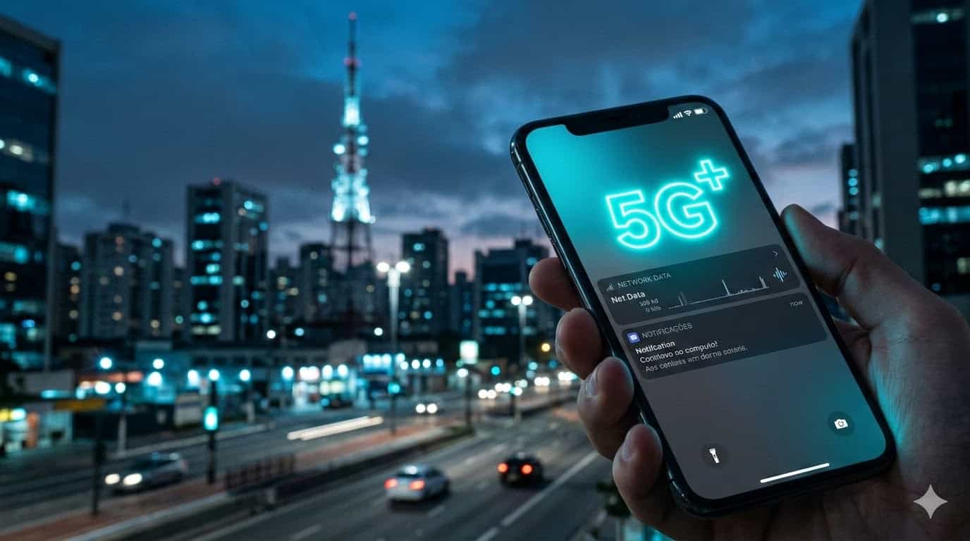 Sinal 5G+ já é realidade nas principais capitais brasileiras Smartphone mostrando sinal 5G+ em São Paulo