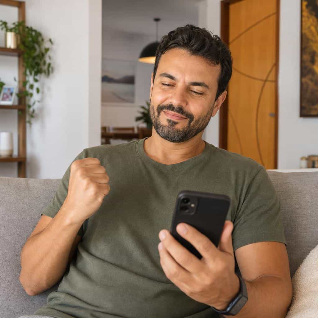 Anatel autoriza operadoras a bloquearem chamadas de spam por inteligência artificial no Brasil Homem aliviado olhando para a tela do celular que exibe uma notificação de chamada de spam bloqueada