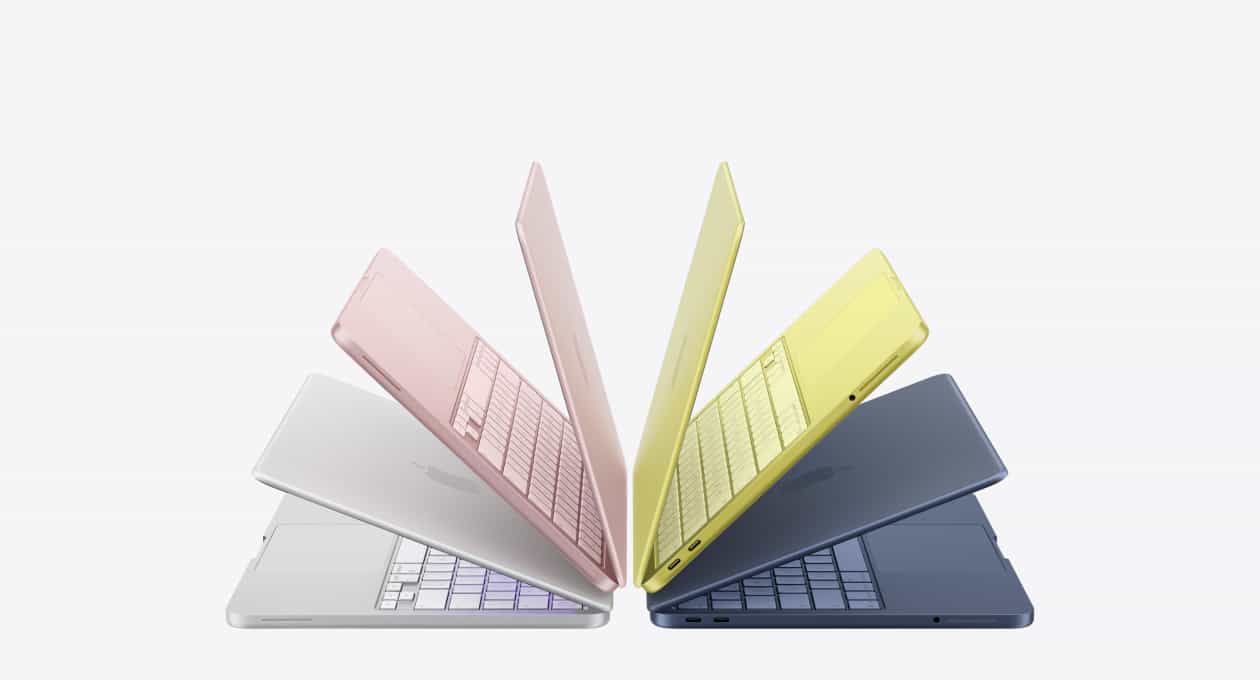 MacBook Neo — disponível em quatro cores MacBook Neo nas cores prateado, blush, amarelo-cítrico e índigo