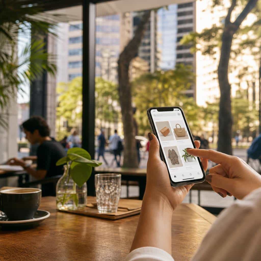 Comércio móvel e telecomunicações no Brasil — setor promissor Pessoa usando smartphone para compras online em uma cafeteria, ilustrando o comércio móvel e as telecomunicações no Brasil