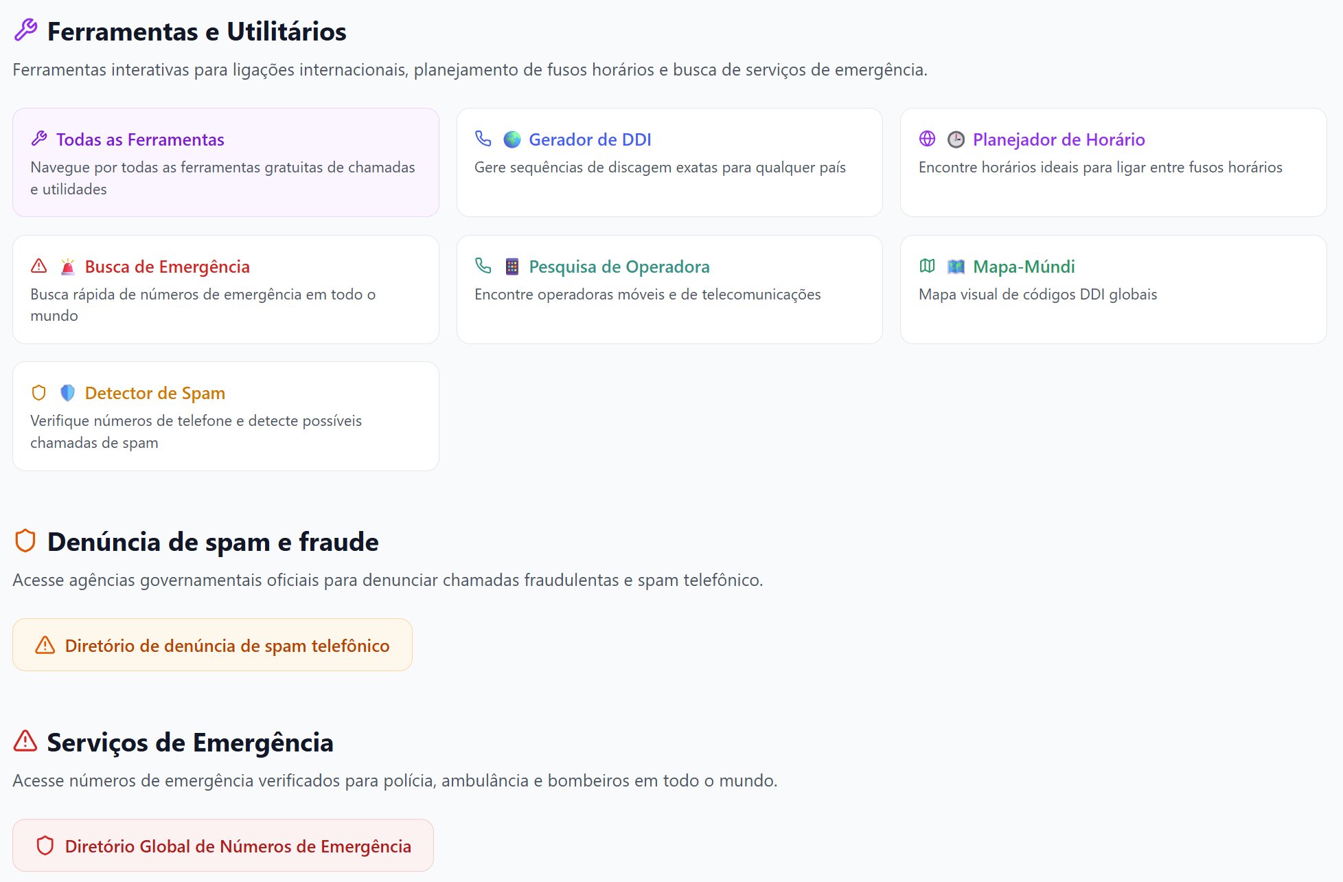 As ferramenta disponiveis no site country-code.com (gerador DDI, Planejador horario, pesquisa de operadora, etc..)