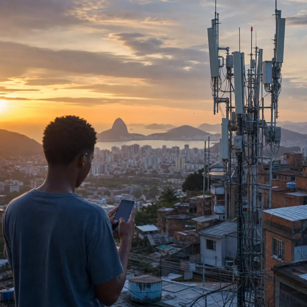 Pessoa com celular perto de antena de telefonia, ilustrando a cobertura de rede móvel no Brasil